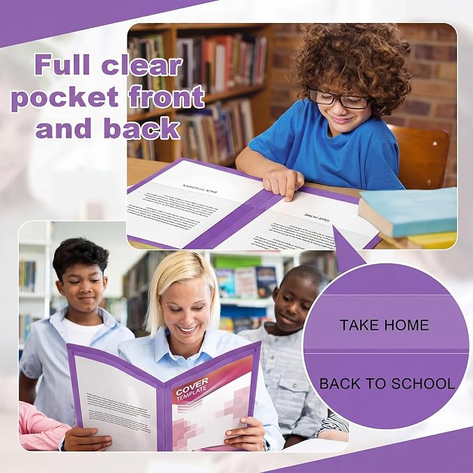 Henoyso 24 Pcs Take Home Folder Heavy Duty 2 Clear Front Pockets and 2 Inside Pockets Homework Folders for School Students Parent Teacher Classroom Communication (Purple)