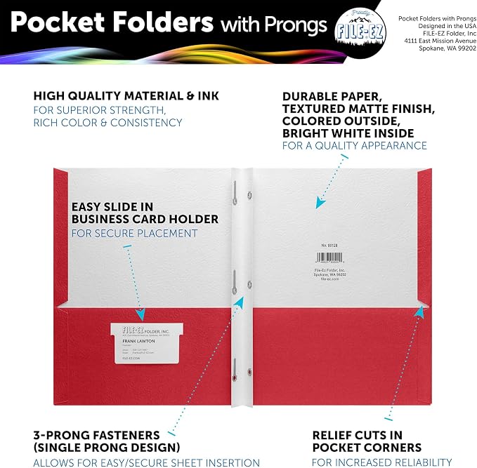 FILE-EZ Two-Pocket Folders with 3-Prong Fasteners, Red Color, 25-Pack, Durable Textured Paper, Matte Finish, Letter Sheet Size (EZ-92558)