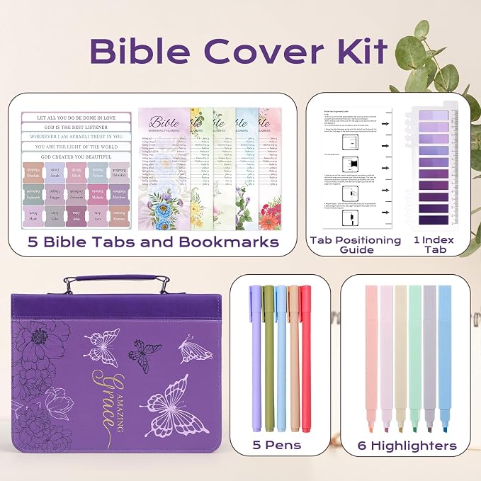 XKDOUS 24 Pcs Bible Cover Cases Set for Woman Study Bible Supplies Accessories Organizer Leather Bible Bag Holder Book Carrying Case w/Handle, Christian Gifts for Mom Women Men Lady
