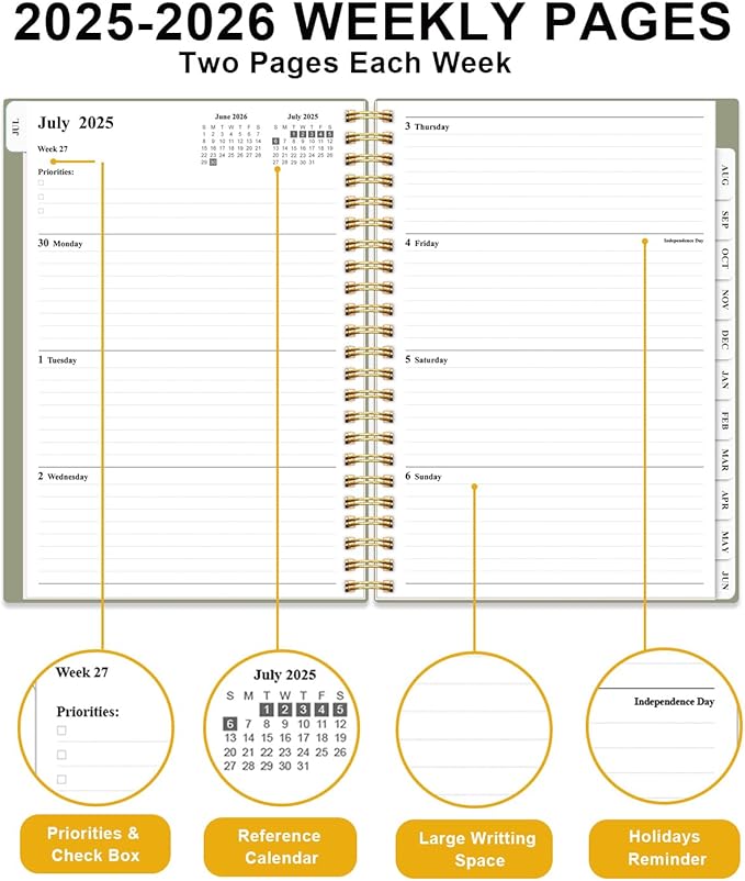 Planner 2025-2026 - Academic Year Planner from July 2025 to June 2026, Weekly & Monthly Planners Spiral Bound with 12-Month Tabs, Inner Pocket, 6.25" x 8.5", Green