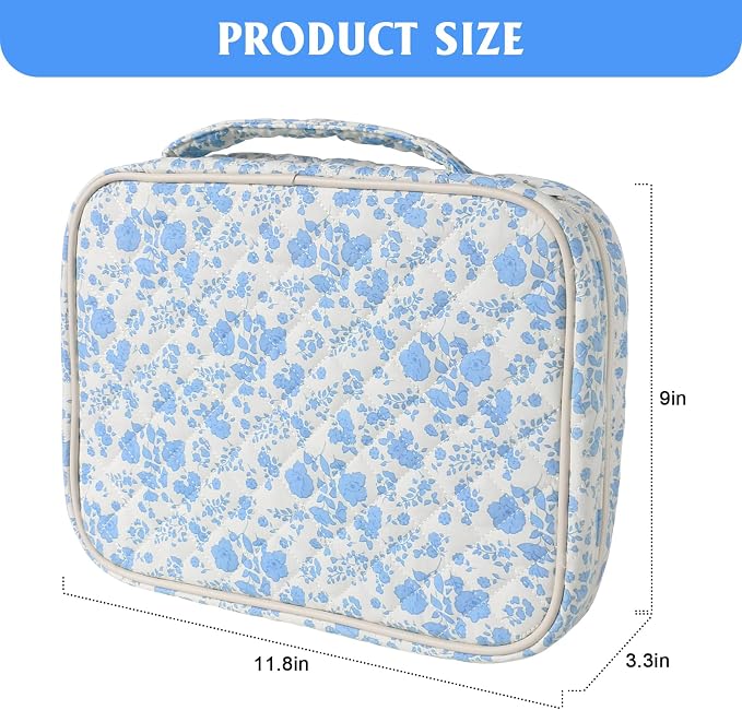 Large Bible Cover Case for Women, Large Floral Quilted Cotton Bible Carrying Cases Protective Bag with Handle and Zippered Pocket for Christian, Bible Study Supplies Christian Gifts (Blue Floral)