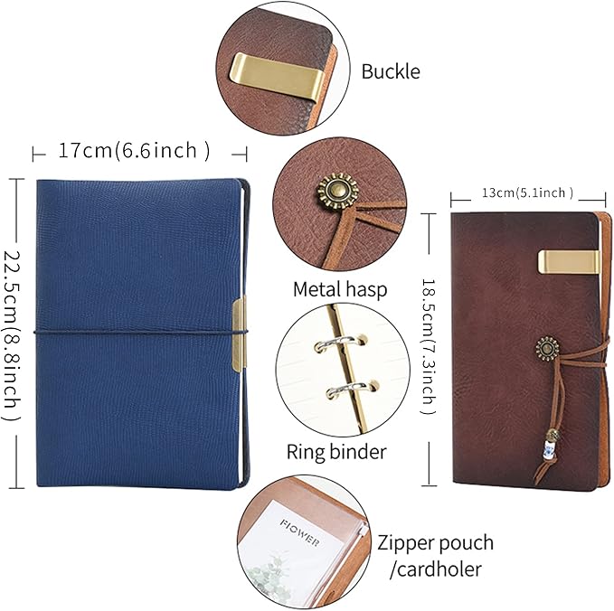 WONDERPOOL Leather Journal A5 Refillable 6 Ring Binder Notebook with Lined Paper and Pen,Writing Diary for Work Travel and Agenda Plan (A5, a-Maroonpink)