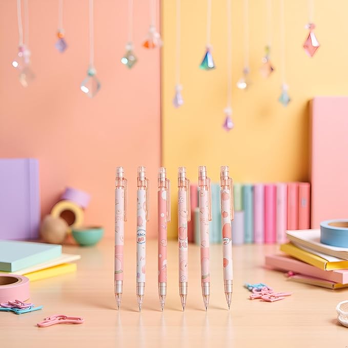 6 Pcs Mechanical Pencils with Eraser,Cute Mechanical Pencils With Top Peach Automatic Stationery Gift Peach Automatic School Office Supply,Writing and Correction Supplies
