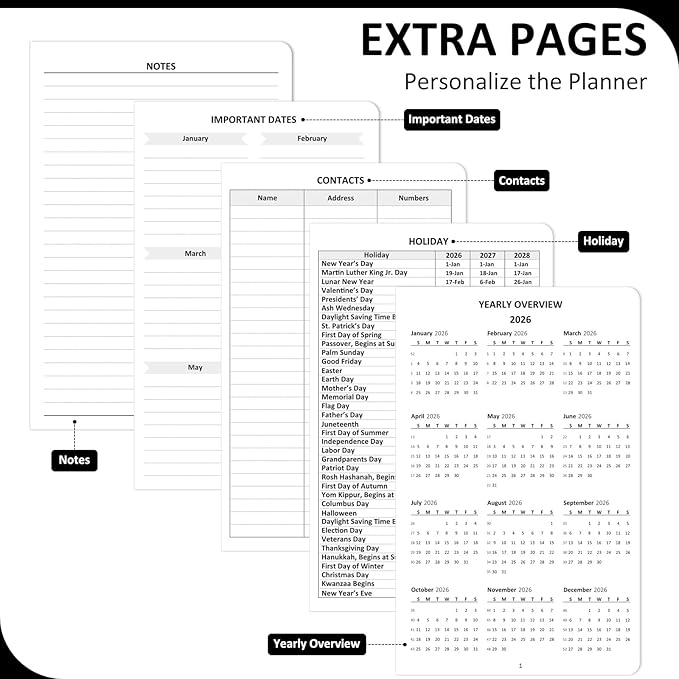 Comkiso Undated Weekly and Monthly Planner with Adhesive Tabs, A5 Dateless Academic Planner for Women & Men Daily Planning, Hardcover Leather All In One Planner for Home School Work Organizer (Black)