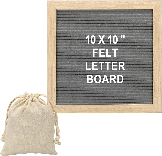 PATIKIL Felt Letter Board, 10x10Inches Gray Wooden Changeable Message Board with Storage Bag Stand for Kitchen Menu Classroom Farmhouse Decor Notes, White Letter
