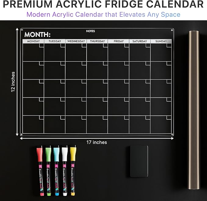 Fridge Calendar Acrylic 17x12”, Start Monday | Magnetic Calendar for Refrigerator | Acrylic Dry Erase Whiteboard Calendar for Fridge | Family Schedule Board with 5 Markers & Eraser by Freedom Mastery