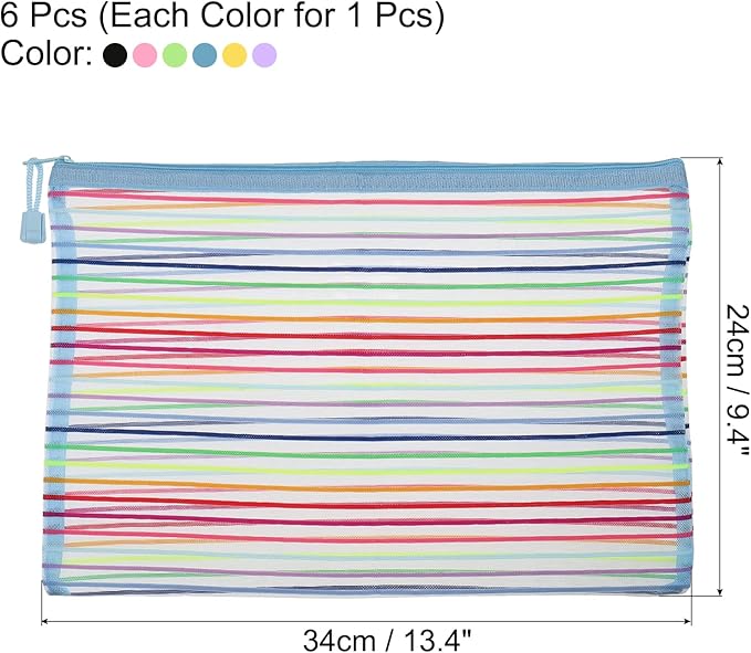 MECCANIXITY Mesh Zipper Pouches, A4 Pencil Case Document File Bags Storage Organizer for Office Supply Travel Accessory, Multicolor Pack of 6