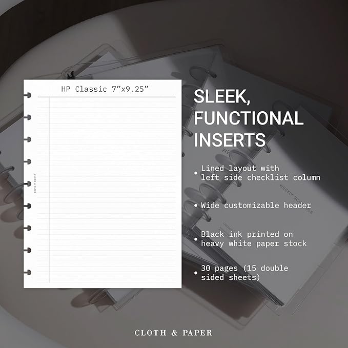 Cloth & Paper Task Planner Inserts – HP Classic Size 7 x 9.25 Inches | 9-Ring To-Do List 15 double sided Daily Planner Organizer | Minimalist Design | Premium Paper for Notes & Reminders