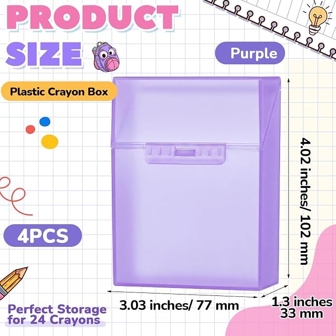 Clabby 4 Pcs Plastic Crayon Organizer Case for 24 Count Crayons Kids Art Supply Storage Box with Lid, Portable Holder for Classroom Home Travel, Fits Standard 24-Pack Crayon (Purple)