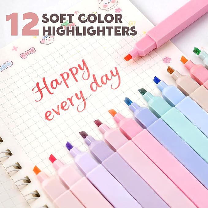 65Pcs Aesthetic School Supplies with Cute Pencil Case, 12 Pastel Highlighters, 10 Black Ink Gel Pens, Mechanical Pencils, Sticky Note Ruler Correction Tape for College Essentials Stationary Gift, Blue