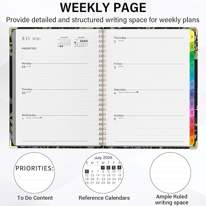 Planner 2026-2027, A4 Hardcover Weekly and Monthly Calendar Planner from July 2026 - June 2027, 8.5" x 11" Daily Agenda with Monthly Tabs, Spiral Bound, Inner Pocket, Cute Journal Organizer Notebook for Office School-Wild Flower