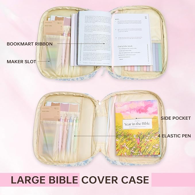 Bible Cover Case for Women Large Bible Cover Bag Quilted Bible Carrying Case for Girls Bible Study Supplies Accessories Christian Gifts for Women (Small Blue Floral, Large)