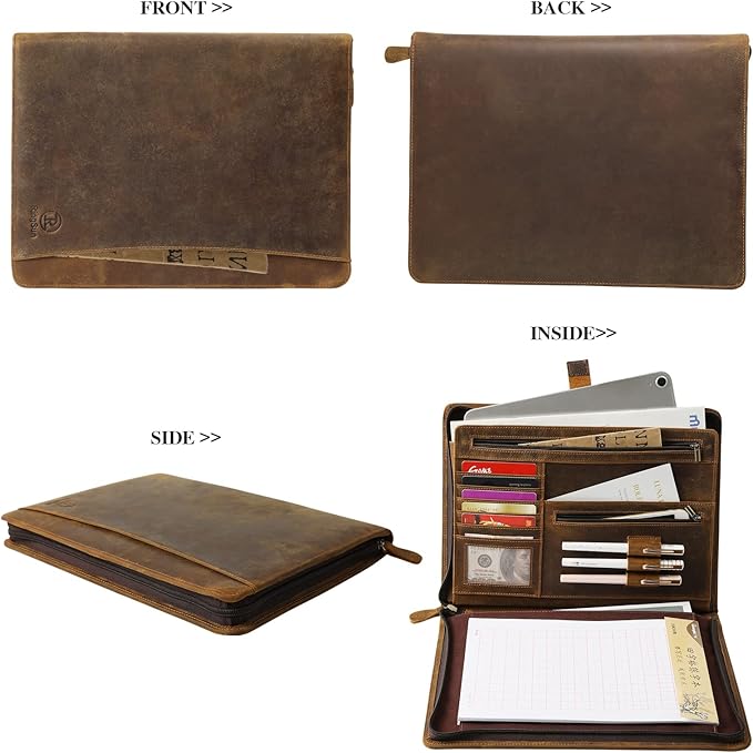 Ringsun Leather Portfolio Organizer with Zipper for Men Women, Leather Padfolio Business Resume Legal Pad Portfolio Notebook Binder for A4/Pad, Brown