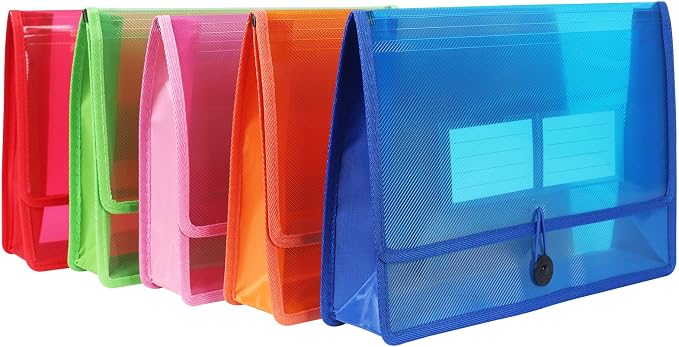 Eco-Friendly Plastic File Folders, Expanding Poly File Wallet, Transparent Expandable Envelope Organizer Document Folder with Elastic Band and Button Closure, with Small Two Pockets, 5 Colors