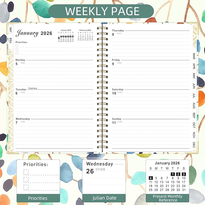 2026 Planner, Jan.2026 - Dec.2026 Planner Weekly and Monthly 6.25"x8.5" with with Page Tabs, Calendar Hardcover with Inner Pocket, Elastic Band,Twin-Wire Binding,Bookmark, Colored Leaves