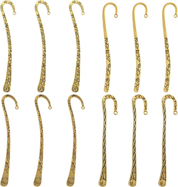 Framendino, 12 Pack Metal Bookmark Antique Tibetan Carved Hook Bookmarks with Loop for Crafting (Gold)