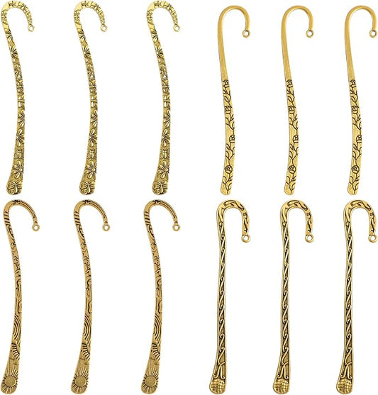 Framendino, 12 Pack Metal Bookmark Antique Tibetan Carved Hook Bookmarks with Loop for Crafting (Gold)