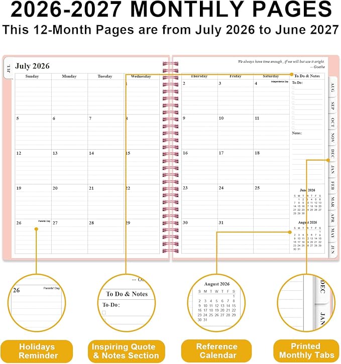 Planner 2026-2027 - Academic Planner from July 2026 to June 2027, Weekly & Monthly Planners Spiral Bound with 12-Month Tabs, Inner Pocket, 8.5" x 11", Pink
