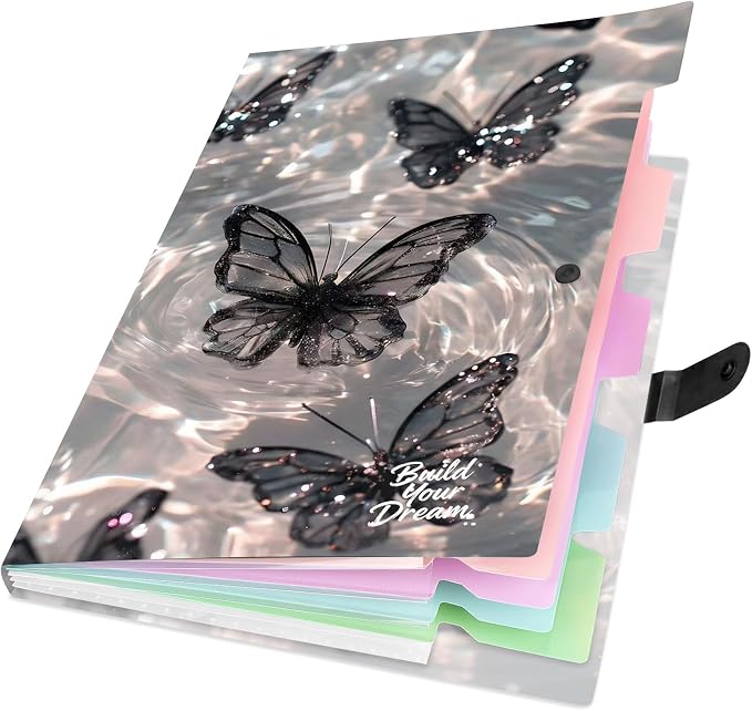 Cute Expanding File Folder - 5 Pockets Accordion Document Organizer, Waterproof Poly Plastic, A4/Letter Size for School Office Home - Butterfly Black