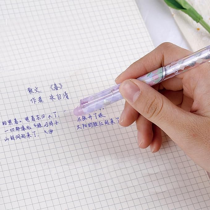 MOZXIRZ 6 Pcs Erasable Gel Ink Pens Retractable Pens Cute Flower Pen 0.5mm Fine Point Pen Office School Supplies Women Girls (Blue Ink-Tulip)