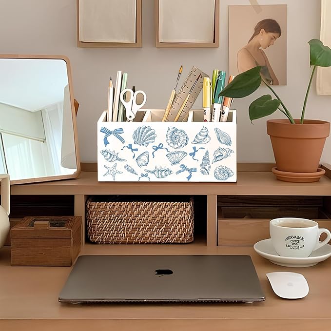 Blue Preppy Beach Pen Pencil Holder for Desk, Beach Office Decor, Coquette Blue Bow Coastal Seashell Beachy Wooden Box Sign Decorations for Girly Room Bedroom Dorm Office Desk Tabletop