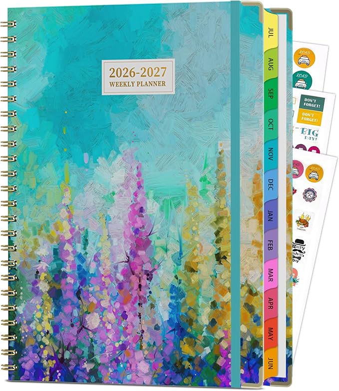 Planner 2026-2027, A4 Hardcover Weekly and Monthly Calendar Planner from July 2026 - June 2027, 8.5" x 11" Daily Agenda with Monthly Tabs, Spiral Bound, Inner Pocket, Cute Journal Organizer Notebook for Office School-Purple Oil Painting