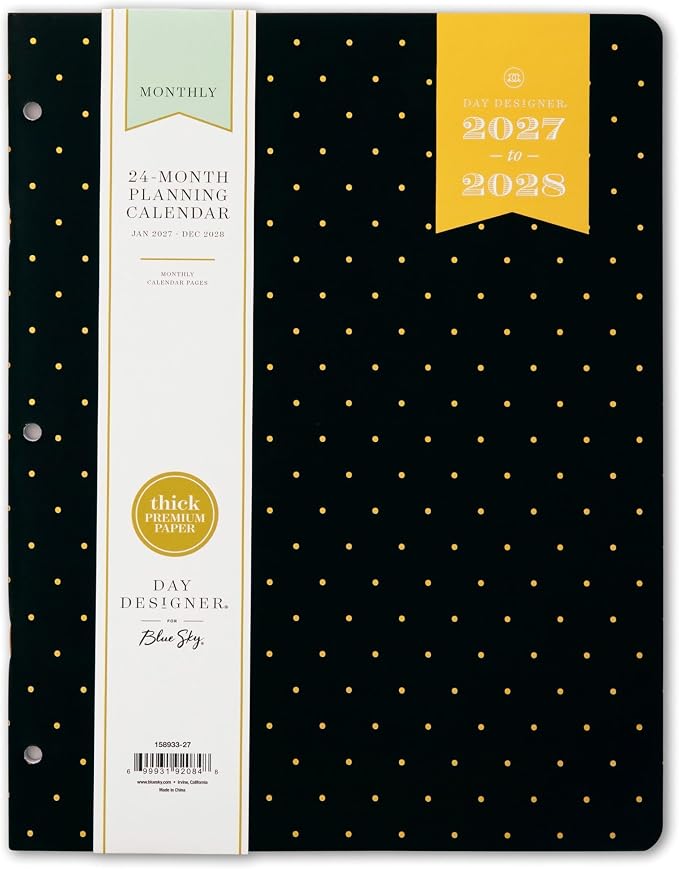 Blue Sky Day Designer 24 Month 2027 Monthly Planner Calendar, January 2027 - December 2028, 8.5" x 11", Flexible Cover, Stapled Binding, Swiss Dot Black