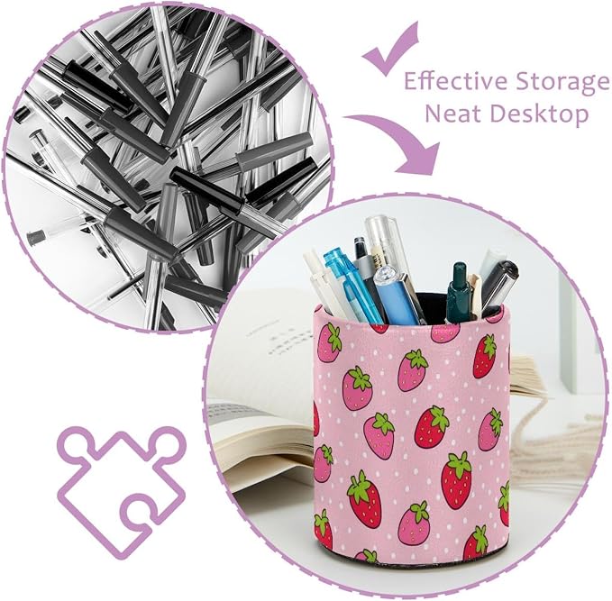 Pen Pencil Holder for Desk, Strawberry Makeup Brush Holders Leather Pen Organizer Pencil Caddy for Office Home Art Supply
