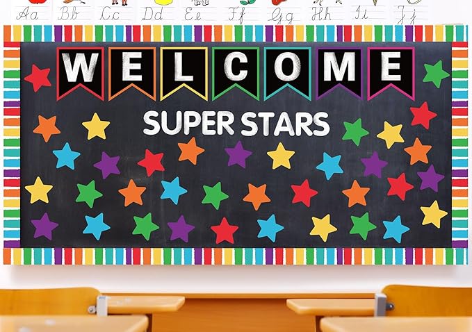 JarThenaAMCS 83Pcs Welcome Banner Bulletin Board Decoration Super Stars Paper Cutouts with 200Pcs Glue Points Colorful Bulletin Border Stickers for Back to School Office Home Decor