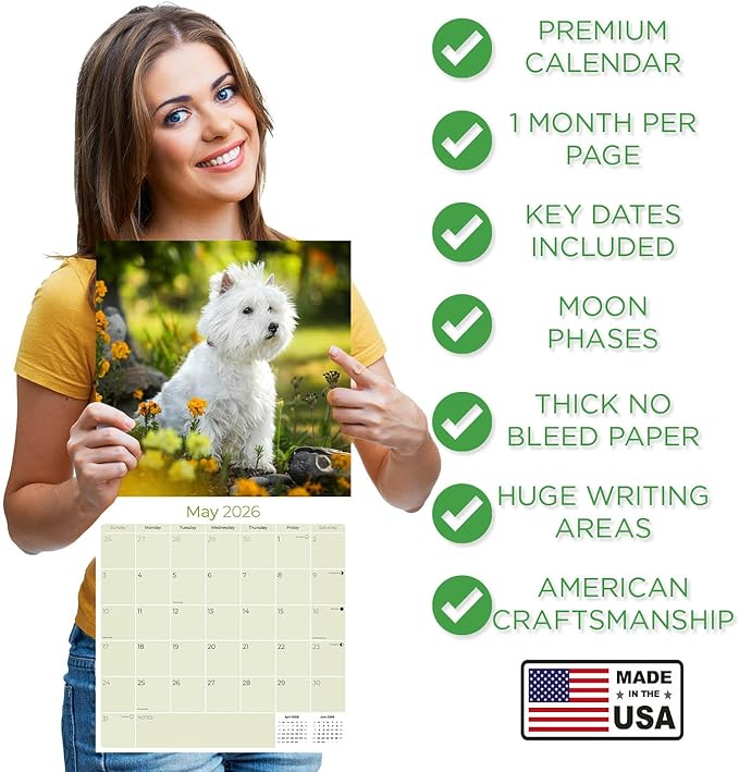 West Highland Terrier Calendar 2026 by MegaCalendars – Monthly Dog Breed Wall Calendar, Made in USA