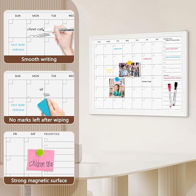 DOLLAR BOSS Magnetic White Board Calendar 36''x 24'', Monthly Dry Erase Planner for Wall with White Wood Style Frame for Office, School, Dorm, Home Decor