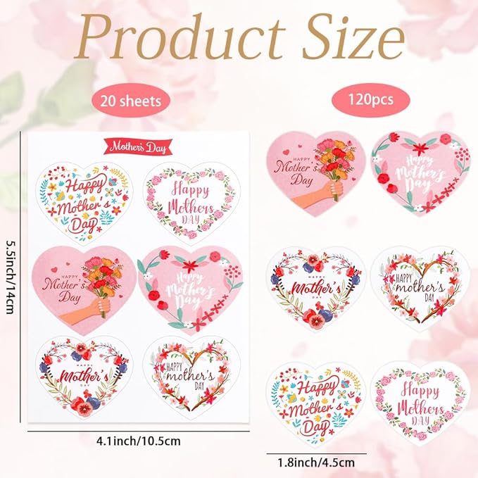 Mothers Day Stickers, 120PCS Happy Mothers Day Stickers, 2" Heart Shaped Mom Sticker Decal, Mom Gifts, 20 Sheet Self-Adhesive Mothers Day Crafted Mother's Day Labels Sticker for Envelope Seal Card Box