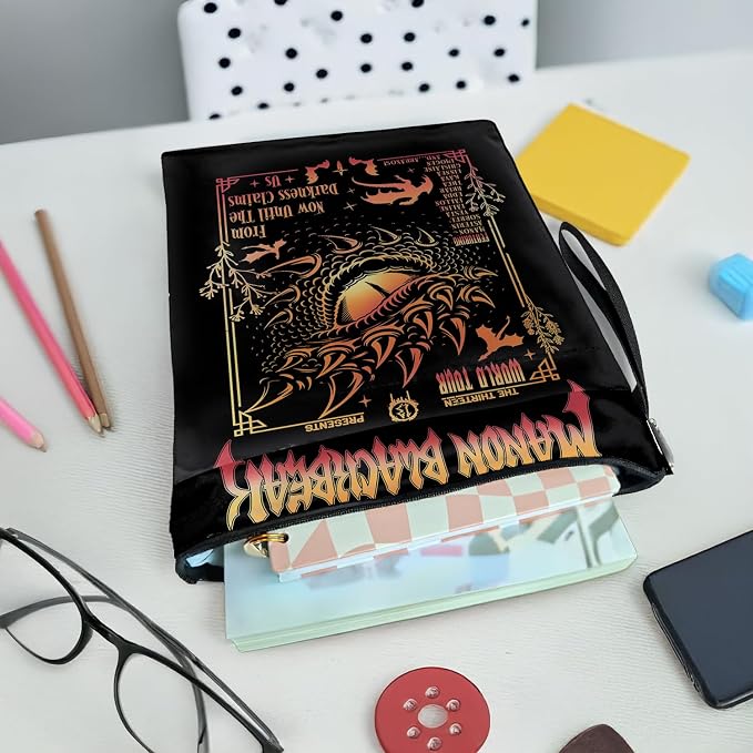 Book Cover Dragon Ridder Inspired Gift, Dragon Merch Pattern Reusable Book Pouch, BASGIATH WAR COLLEGA Book Sleeve for Book Lovers (Black-Dragon, Large)