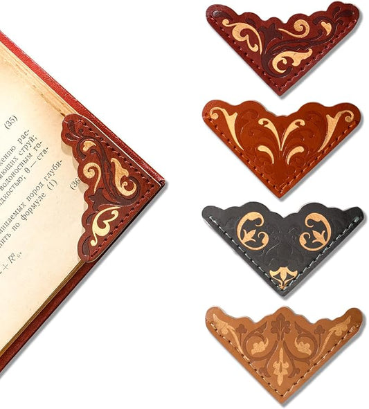 4 PCS Vintage Leather Bookmarks, Elegant Gold Stamped Corner Bookmark Retro Pattern Book Mark Book Accessories Gifts for Book Lovers Women Girls