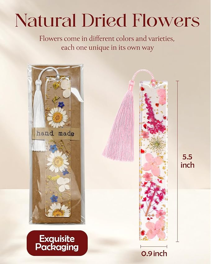 Buleens 2PCS Bookmarks for Women - Yellow Book Marks for Readers Book Lovers, Personalized Handmade Dried Flower Resin Bookmark with Tassels, Pretty and Aesthetic
