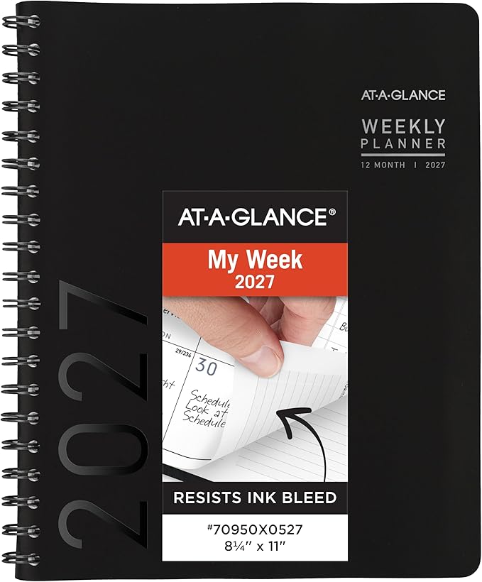 AT-A-GLANCE 2027 Appointment Book Planner, Weekly & Monthly, 8.25" x 11", Half-Hourly, Contemporary, Black (70950X0527)
