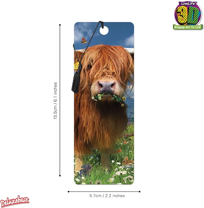 3D LiveLife Bookmark - Highland Cattle from Deluxebase. Cute Lenticular Cow Page Marker. Animal Themed Accessories for Book Lovers. Small Gifts for Men, Women, Writers and Teachers.