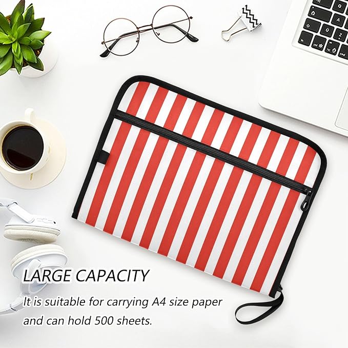 ALAZA Red White Striped 13 Pocket Expanding File Folder with Labels, Accordion File Folder File Organizer Letter A4 Paper for Office School Student