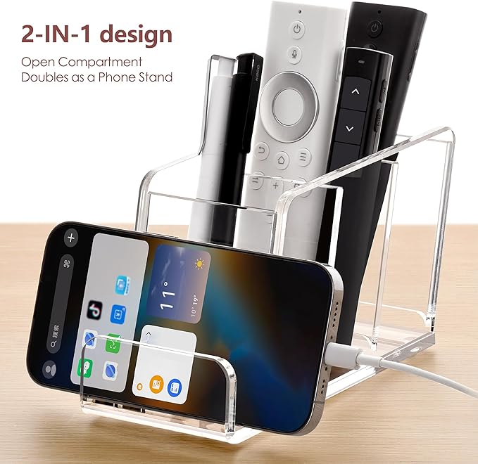 Acrylic Remote Control Holder, 4 Compartments TV Remoter Caddy Desktop Organizer Makeup Brush Holder Storage Fits TV Remotes, Media Controllers, Office Supplies(Clear)