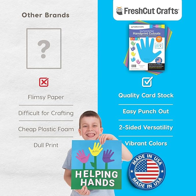 48 Piece Handprint Happy Cutouts with IDEA Guide, US Made 2-Sided Brightly Colored Card Stock Punch Out Handprint Paper Accents for Bulletin Boards, Classroom Decor, Back to School & DIY Crafting