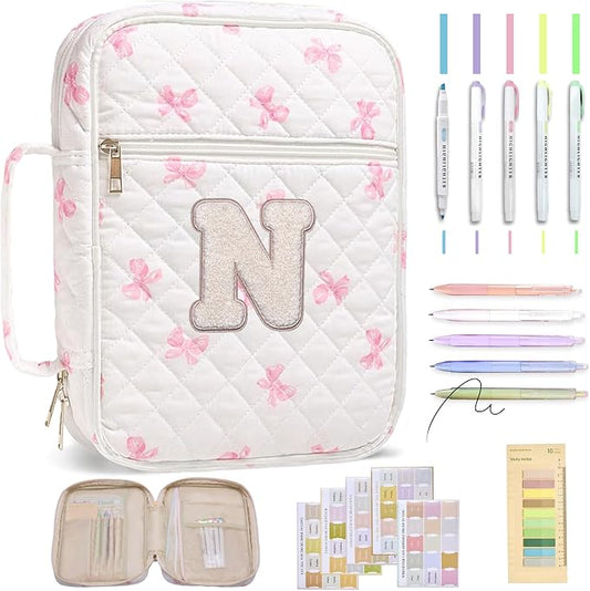 Personalized Initial Bible Cover Case for Women – Large Quilted Bible Bag with Handle, Chenille Letter, Bible Study Kit, Christian Gift for Mom, Grandma & Daughter (Pink Bow-N)