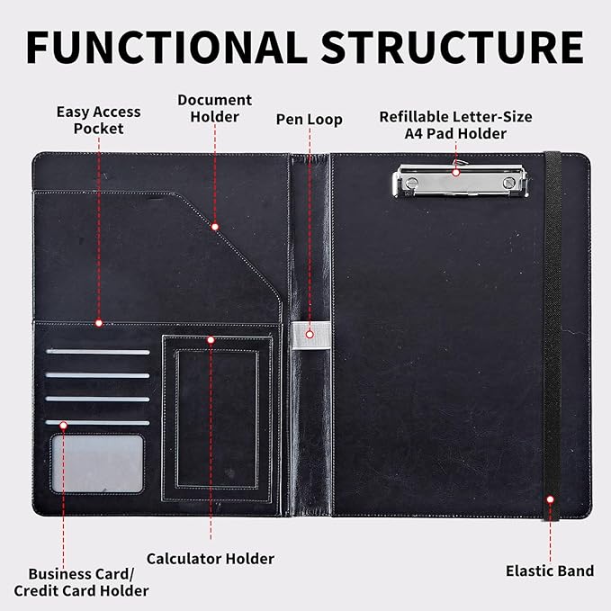 Padfolio Folder with Clipboard,Portfolios Organizer Clipboards with Storage Clipboard Writing Pad PU Leather Conference Document Organizer with Business Card Holder,Black Gold Marble