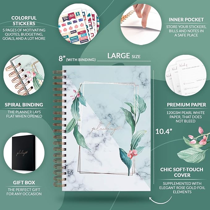 PLANBERRY Large Weekly Planner Premium – Undated Life & Budget Planner – Organizer & Productivity Journal, 8x10.4″ (Natural Green)