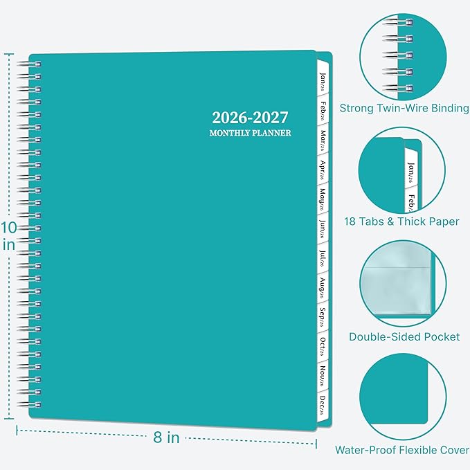 2026-2027 Monthly Planner, 18 Monthly Calendar Planner, January 2026 - June 2027, 8’’ x 10’’, 2026 Spiral Agenda with Tabs ＆Pocket, Flexible Cover, Organizer Notebook for Office Home School, Green