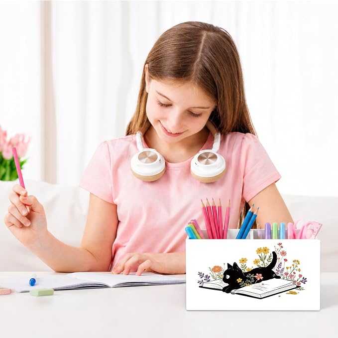 Cat Book Pen Pencil Holder for Desk Cat Lovers Gifts, Black Cat Lovers Gifts for Women,Floral Book Wooden Box Sign Decorations for Reading Room Corner Nook Desk Tabletop