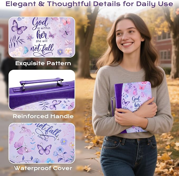 XKDOUS Purple Bible Cover for Women, Leather Bible Bags Set with Study Supplies, Tabs, Pens, Bookmarks, Large Book Carrying Case Carrier Tote Bag Christmas Gifts for Lady