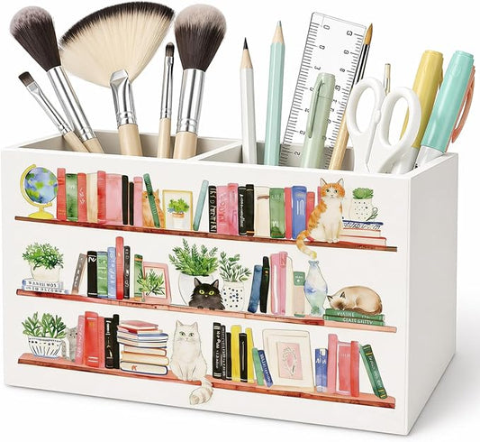 Book Lover Cat Pen Pencil Holder for Desk, Book Lover Reader Bookish Gifts, Retro Whimsical Bookshelf Cat Pencil Holders Wooden Box Organizer for Home Library Reading Room Desk Tabletop