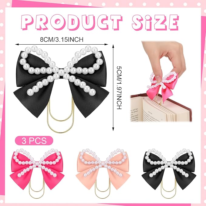 Chunful 3 Pcs Satin Bow Bookmarks with Gold Clip, Pearl Ribbon Bow Paper Page File Planner Marker Paperclips Girly Cute Bookmark for Women Aesthetic Book Lover Gifts Elegant Book Accessories
