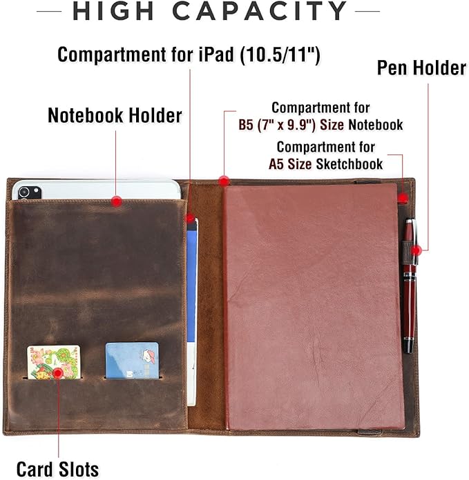 Top Grain Leather 11" Padfolio for Men & Women, Handmade Vintage Design, Multi-Functional Business Portfolio Organizer, Compatible with Cards/iPad/Pen/B5 Size Document, Coffee 11 Inch
