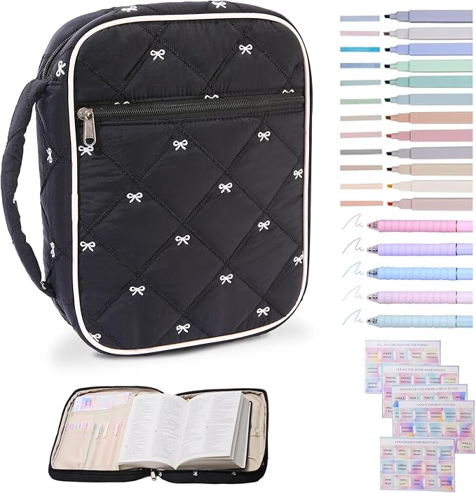Large Bible Cover Case for Women, Journal Study Supplies Kit Bible Bags for Women, Quilted Carrying Book Covers Church Bag for Mens Included Bible Accessories-Black